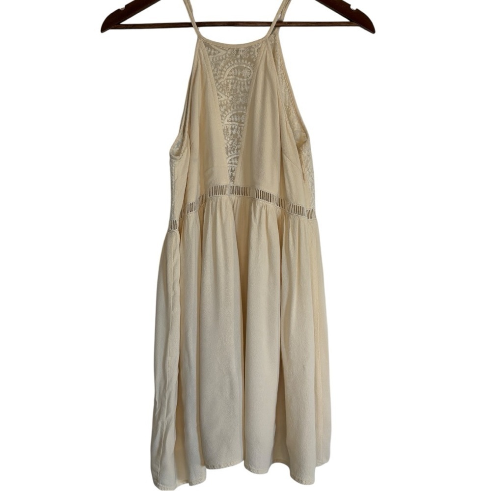 Ivory/Cream halter neck, lace-trimmed V-shaped Summer Mini Dress Woman’s Size 8